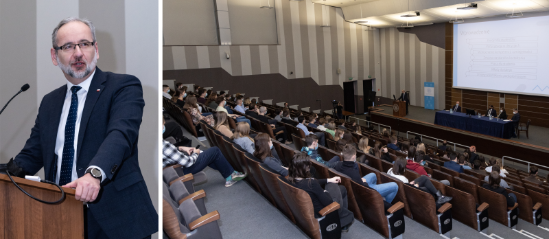 Combined photos: Minister NIedzielski at the podium and general view of the auditorium